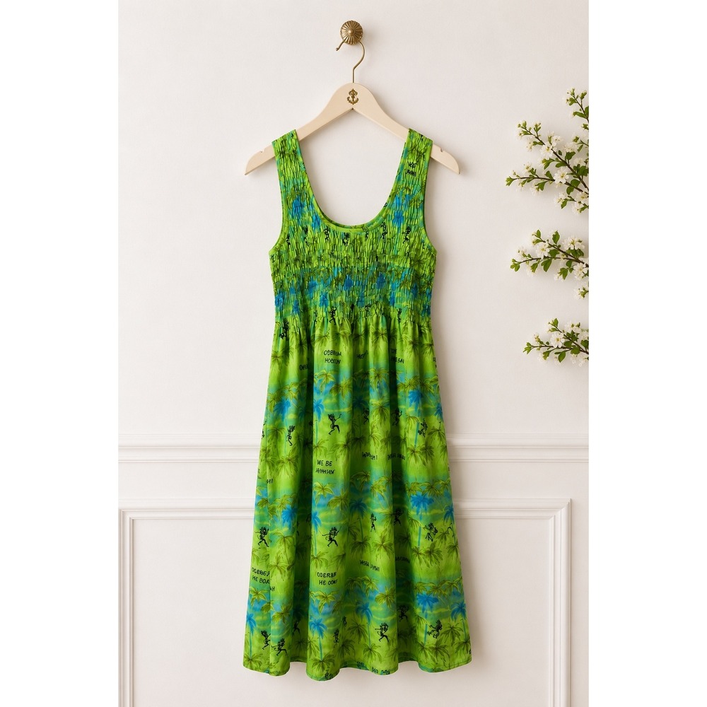 Rima Beachworld Green Tropical Palm Tree Smock Midi‎ Dress Caribbean Me Crazy OS